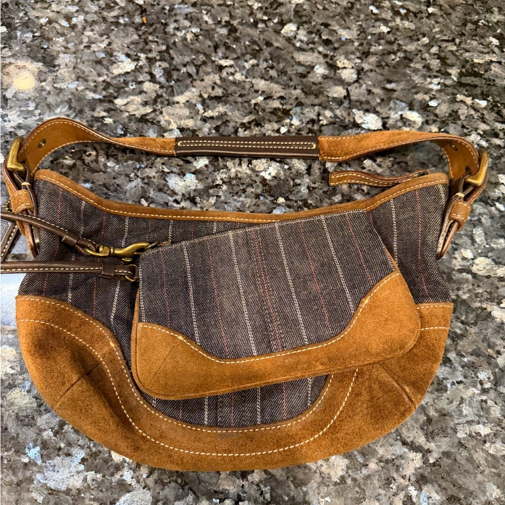 Coach vintage dark denim suede and brass Women's Bag and wrist bag